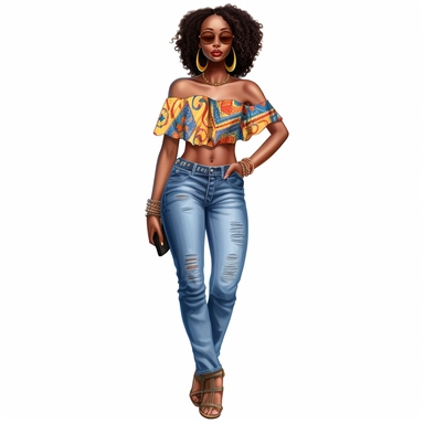 ultra realistic, hand drawn, clipart, The woman you're describing has a bold and confident sense of style. She's wearing a pair of torn denim jeans that fit her perfectly and add a touch of edge to her outfit. Her off-the-shoulder African print halter top is colorful and vibrant, with a bold pattern that draws attention to her shoulders and neckline. The halter top is designed to accentuate her figure, and she wears it with confidence and ease. To complete her outfit, she's chosen a pair of high