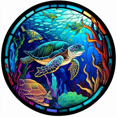 colorfull stained glass round window, close-up turtle swimming clipart filling the stained glass window, vivid colors