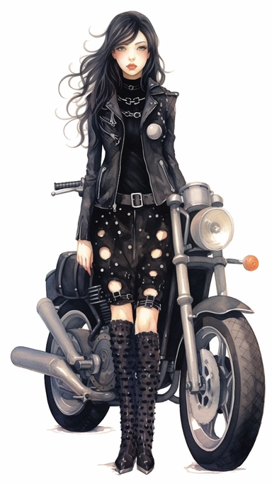watercolor mixed media goth steampunk girl entire body illustration in front of a goth steampunk motorcycle clipart by holly hobbie
