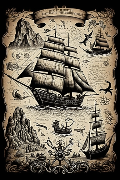very detailed, high resolution image, hand drawn, dark ink, vintage, antique pirate treasure map, quest map. illustrations of clipper ship, compass, sea monster, mermaid and waves.