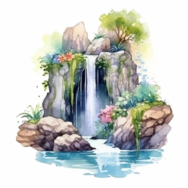 Clipart, isolated on white background, beautiful cute Watercolor Spring waterfalls through the stones, forest woodland nature landscape scenery, plants and flowers, ornated, pastel colors