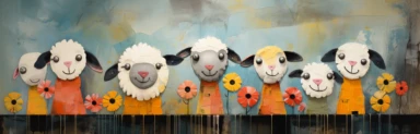 a row of cute miniature lambs, a collage of mixed media art made with tissue paper, magazine and newspaper clippings, oil paint, graphite pencil lines and fabric, in the style of playful surrealism, whimsical, washi tape