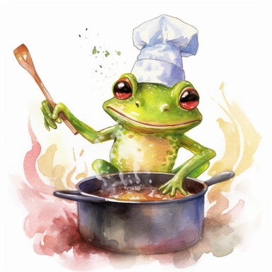 Create a watercolor illustration clipart of a playful cute Frog Cooking with chef hat, with its full body visible. Use soft, flowing brushstrokes and a warm, inviting color palette to create an image that is both charming and whimsical. Incorporate intricate details like the motion of the Frog Cooking with chef hat to create a lifelike, realistic image. Can add other elements to the illustration like related item to play to create playful scene. Use white background to allow the watercolor textu