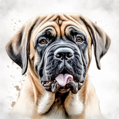 cute English Mastiff dog portrait, full face, centered shot, side shot, dynamically posed, in action, playful mood, happy mood, playing mood, cute face, adorable smile, childlike eyes, clean watercolor illustration, white background, nursery baby imagery, painting, detailed, 8k, PNG, clipart,