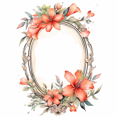watercolor clipart of a empty suttle dainty floral oval frame surrounded by peach color flowers. Capture the essence of blooming beauty and intricate details in your artwork, white background