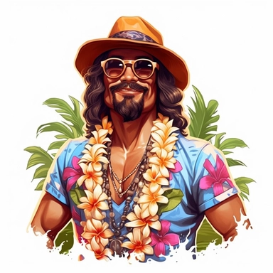 hawaiian man, beach-summer-tropical-hawaii themed Sublimation Clipart ,Cartoon,hyper realistic, intricate detail, illustration style,high solution,on the white background