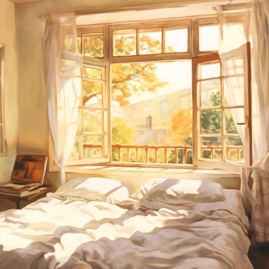 The morning sunlight shines into the window, and there is a bed in the room with oil paintings, White background, Clip Art Style