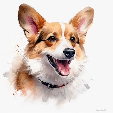 cute Pembroke Welsh Corgi dog portrait, full face, centered shot, side shot, dynamically posed, in action, playful mood, happy mood, playing mood, cute face, adorable smile, childlike eyes, clean watercolor illustration, white background, nursery baby imagery, painting, detailed, 8k, PNG, clipart,