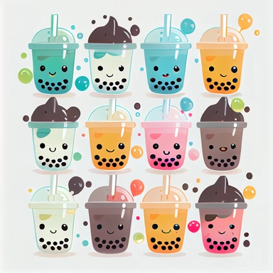 beautiful tiny happy face kawaii boba in various flavors and types, clipart collection, white background, many tiny