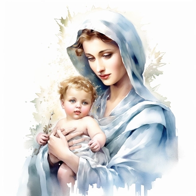 mary holding baby jesus watercolour in the style of digital airbrushing, realistic yet stylized, digitally enhanced, elaborate costumes, 32k uhd, clipart, white background