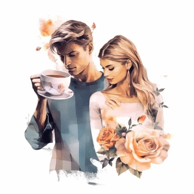 beauty couple drinking coffee, vintage cups, flower digital clipart on white background