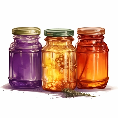 A series of jars filled with different flavors of golden honey, such as lavender-infused or cinnamon-infused honey, each one displaying a unique color and flavor profile. (Digital drawing clipart, image black border color, full body, flat texture, transparent background)