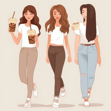 Clipart of three bestfriends, cute, girlfriends, walking side by side, facing backward, each with a different long hairstyle, wearing fitted white tshirts and white sneakers, holding up iced coffees, happy, isolated on a transparent background
