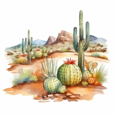 watercolor style, mexican desert with cacti, clipart, isolated on white background, 4K