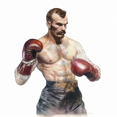 A beautifully illustrated victorian pulp fiction male fighter in varying hues ,wearing boxing gloves and muscular, extremely muscular, stunningly handsome, refined and sophisticated, Hand drawn, roberto ferri ,realistic watercolor, Clipart, watercolor, white background, intricate detail