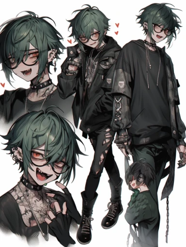 anime boy, messy dark green hair, red eyes, sharp teeth, choker necklace, grey black striped sweater, black pants, hair clip, goth, punk, red, gothic, lip ring, round glasses, pointed ears, vampire, black jacket, full body, man, male, tattoos, reference sheet