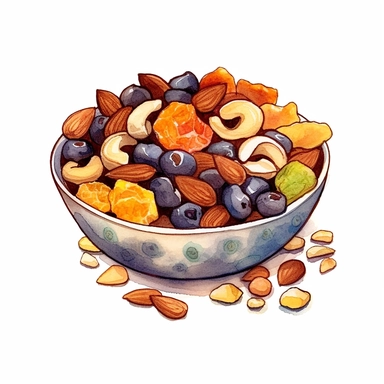 a delightful watercolor, hyper-realistic clipart image with a white background and white margins, showcasing a bowl of mixed nut trail mix with dried fruits and chocolate chips. The ultra-detailed, hand-drawn elements capture the variety of shapes, colors, and textures in the trail mix. Use whimsical touches to add a touch of adventure, and bold shades of various colors to evoke the energy and nourishment found in these portable and delicious snacks