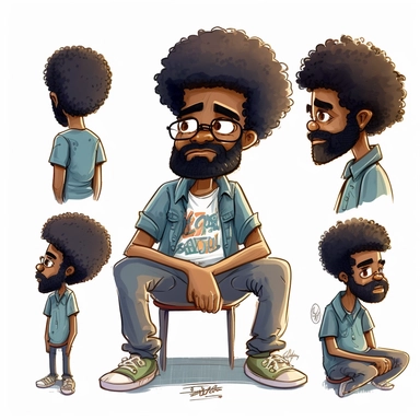 Draymon, 40 year old black man, sitting on chair pose, kneeling, illustration for children's book,40 years old, curly black and gray faded flat top afro, large eyes, wearing blue jeans, blue shirt, brown shoes, full beard, full lips, Watercolor Clipart, strybk, full Illustration, 4k, sharp focus, watercolor, smooth soft skin, symmetrical, soft lighting, detailed face, watercolor style, strybk, Octane rendering, 3d. Perfect face, detailed face, delicate face, perfect round lips, detailed eyes. Gh