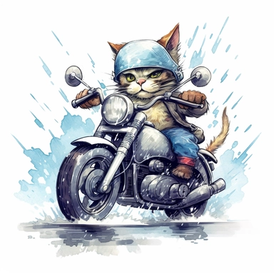 Draw a series of cliparts showing a cat riding a motorcycle through different weather conditions, such as rain or snow. Low detail. White background, soft lighting. In the style of Bob Ross
