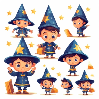 Fred the little wizard, a little wizard character, multiple cute poses and cute expressions, children's book illustration style clipart frame, simple, cute, full colour, royal blue pointy wizard hat, royal blue robe with yellow star patterns, black shoes, royal blue clothes, reddish brown unkempt hair, flat colour,