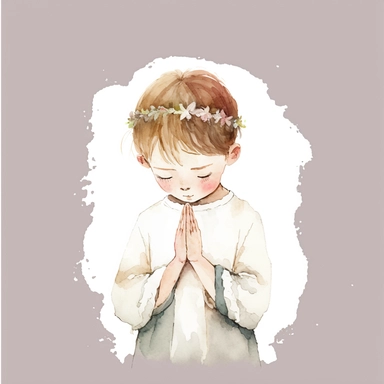 illustration of praying boy, clipart, watercolor, white background, simple, soft colors, boho, minimalism