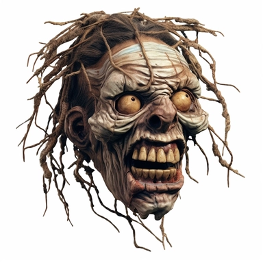 a voodoo shrunken head with mouth sewn shut, calm expression, dark shrivelled skin, pastel, photorealistic, hyper realistic, ultra high-detail, dark outlines, white background, clipart,
