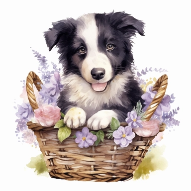 clipart watercolor, very cute Border Collie puppy, sitting in a basket with flowers, full body, childlike, free brushwork, white background, high solution