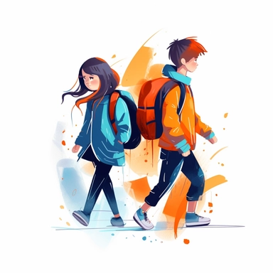 girl and boy together go to school illustration, children storybook illustration. 2d, vibrant luminous colors, flat style, ink Lines, clipart, white empty background, sharp, high resolution, blue orange warm