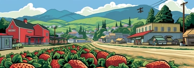 Tourism Illustration', creates an image that showcases a lively, bustling strawberry market in Watsonville, California. This image should have baskets brimming with freshly picked strawberries. Beyond the market, illustrate the scenic beauty of Pajaro Valley with its lush green fields under a clear blue sky. The image should have a hint of nostalgia, capturing the charm of small-town America. The color palette should be bright and dominated by reds for the strawberries, greens for the fields, an