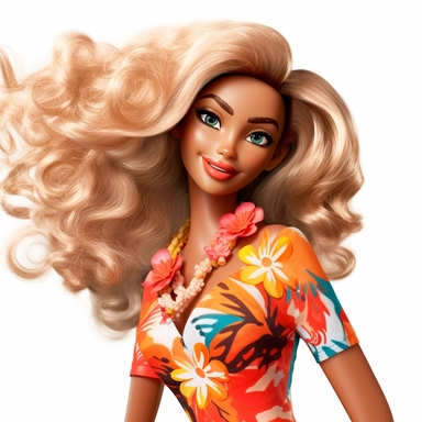 Beautiful pretty barbie doll hawaiian style, paint art style, detail, clipart, white background, superrealistic, one of a kind