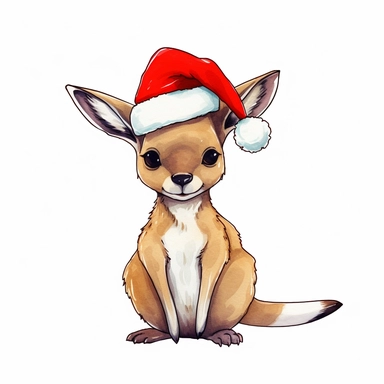 cute watercolor clipart full body happy kangaroo with a santa hat, jolly, watercolor, on white background