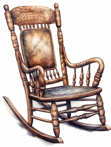 watercolor, vintage, country, wood rocking chair with beautifully carved arm rests on white background, clip art