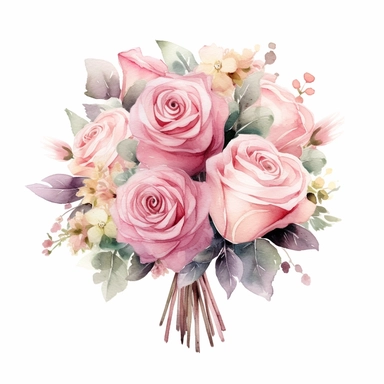 Isolated on a white background, in a feminine style that is populair on Etsy, pink roses bridal bouquet, high resolution, highly detailed, watercolor clipart illustration, soft pastel color theme, baby pink