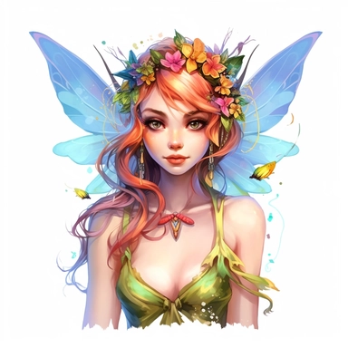 a beautiful fairy elf, half body shot, bright colors, clipart, white background
