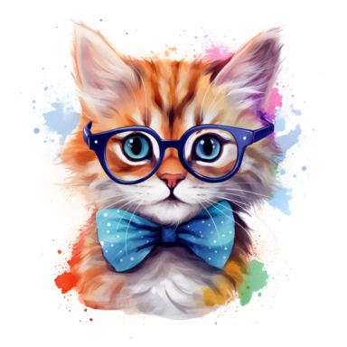 llustrate a watercolor clipart of a stylish kitten wearing trendy eyeglasses, a fashionable outfit, detailed clipart, white background
