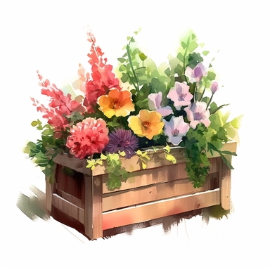 Clipart, a watercolor painting of a wooden flower box filled with beautiful flowers and plants, in the style of yanjun cheng, colorful animations, rough clusters, clean and simple designs, leica cl, warm color palettes, colorful washes, white background
