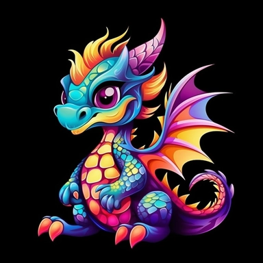 cute cartoon vibrant multicoloured dragon clipart, black background,--no cut off edges