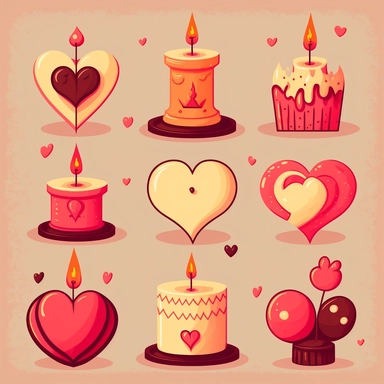 Create a set of playful, cartoon-style clip art images featuring candles with a Valentine's Day theme. The images should have a fun and romantic aesthetic, incorporating elements such as candles in various shapes and sizes, hearts and cupids, or other symbols of love and romance. The images should be depicted in a variety of styles and sizes, with added details such as texture, shading, or other realistic features. The cartoon style should add a fun and playful element. Overall, the images shoul