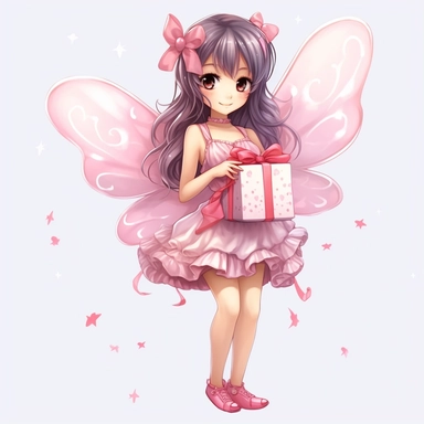 Fairy Clipart, Japan Anime style, beautiful smiling cute fairy holding a birthday gift, full body, on white background