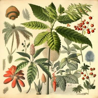 Clipart, vintage, watercolor, Botanical prints from the 1800s representing the diverse plant life of the South American rainforests, hand draw, texture