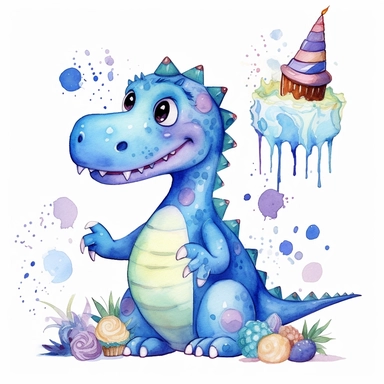 watercolor clipart white background moving living standing blue cartoon dinosaur birthday