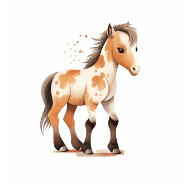 a baby horse clipart with illustration, full body shot ,8k, style of Bohemian, style of Anna Süßbauer and Jon Klassen,vector, Vector, white background,Solid Background, Sharpness and clarity, masterpiece, trending on Artstation and Dribbble.