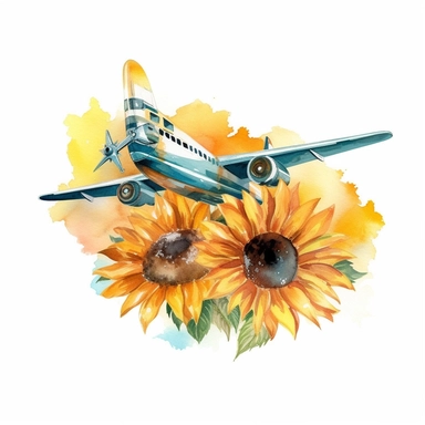 clip art ,airplane sunflowers watercolor , no background
