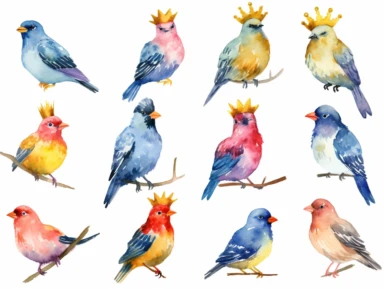 Watercolor clip art on white background, Crowned Birds Clipart, high-resolution image with vibrant and true-to-life colors, isolated