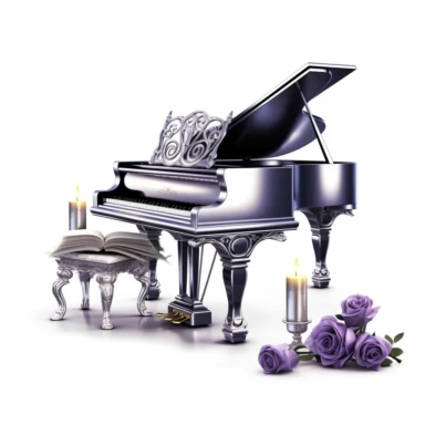 luxury silver piano with a seat, purple roses, music book and luxury candle digital clipart on white background