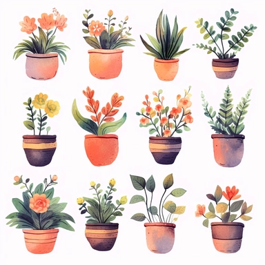 Watercolor clipart sheet, simple, hand drawn doodle, cute, terracotta potted plants, fun shapes, flat vector, hd, vivid flowers, white background