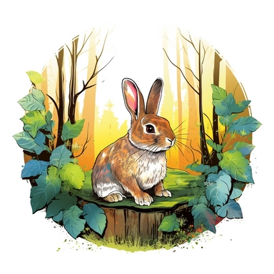 cute vivid color clip art of a rabbit in the woods, bold color with a border on a white background