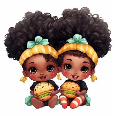 Cute Pekapoo baby black girl clipart with two massive hair buns in colorful cloth, white background