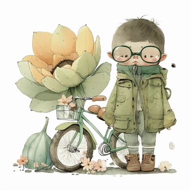 watercolor, very cute little child in a pastel green coat with lots of pockets, vintage aviator glasses, baby orange trousers holding a little vintage toy, on a vintage bicycle, sorounded by big lotus flowers with long stem, clipart, white background