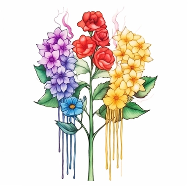 pride, rainbowcore, tattoo design of flowers with pride flag behind color art watercolor drip in transparent overlay, in the style of vibrant spectrum colors, white background, color gradients, chalk art, whimsical yet eerie animal symbolism, vibrant murals, hand-coloring watercolor clipart, white background